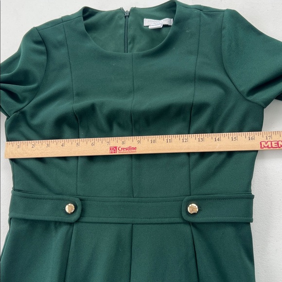 London Times Petites Emerald Green Crew Neck 3/4 Long Sleeve A-Line Midi Dress 6 - Picture 9 of 11